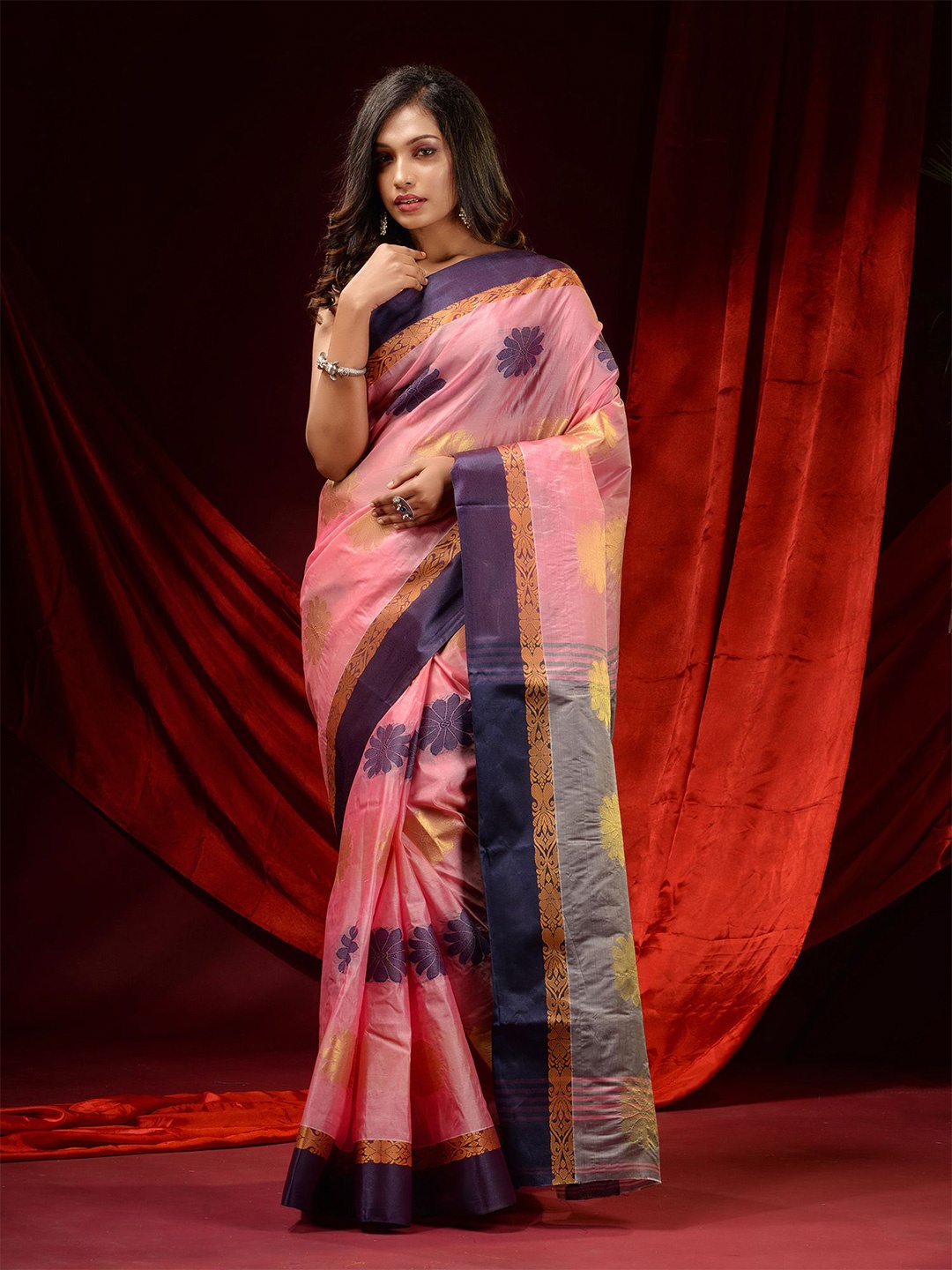 

Charukriti Pink & Gold-Toned Woven Design Zari Pure Silk Tussar Saree