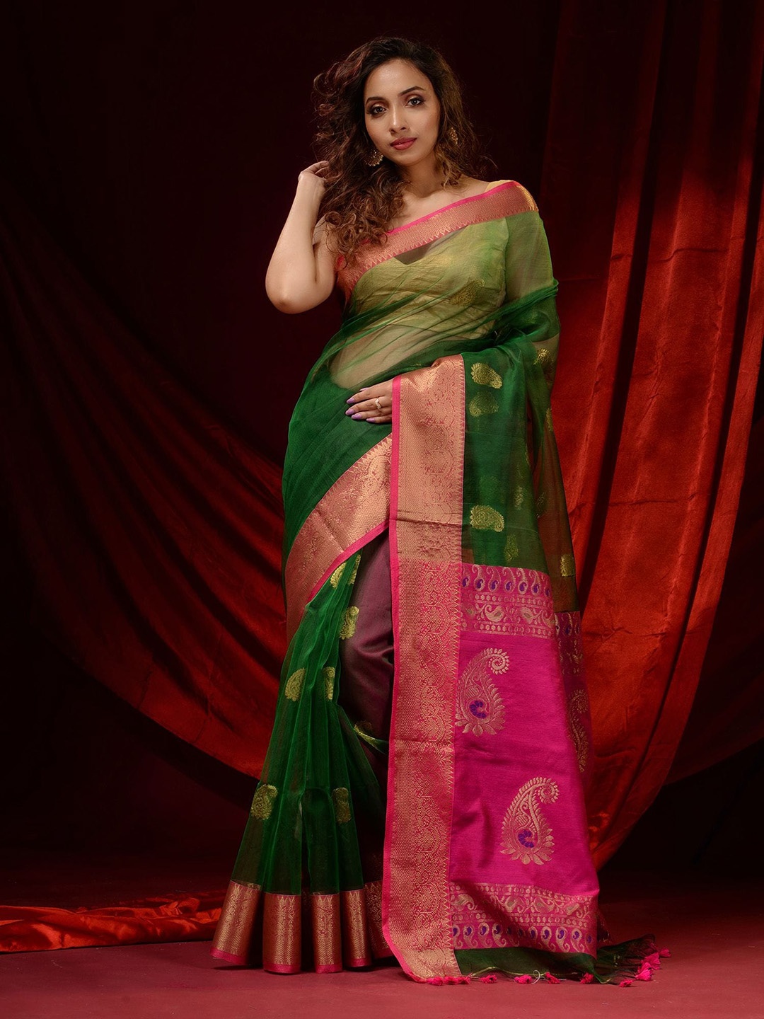 

Charukriti Green & Gold-Toned Woven Design Zari Pure Silk Saree