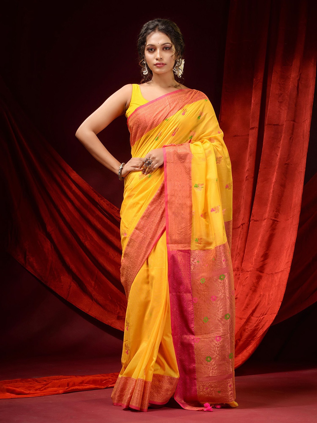 

Charukriti Yellow & Pink Woven Design Zari Pure Cotton Saree