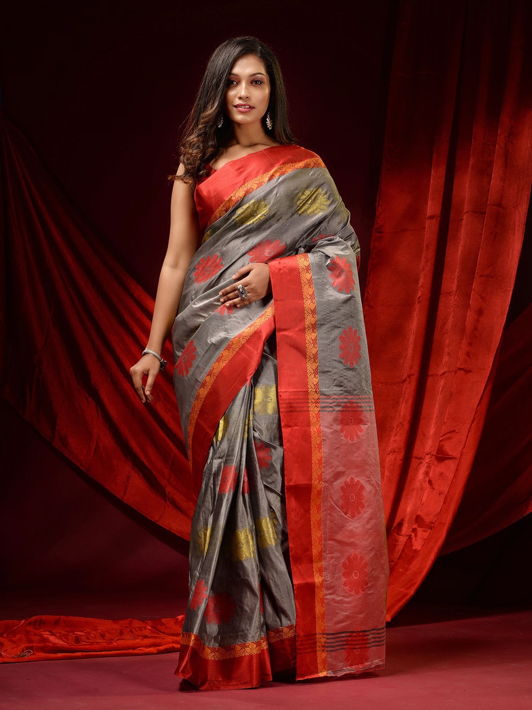 

Charukriti Grey & Red Woven Design Zari Pure Silk Tussar Saree