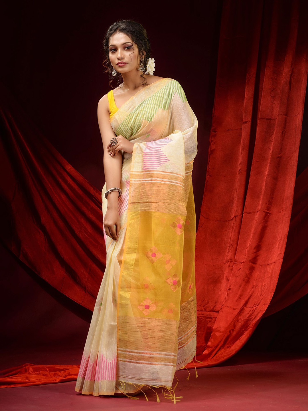 

Charukriti Cream-Coloured & Yellow Woven Design Zari Linen Blend Saree