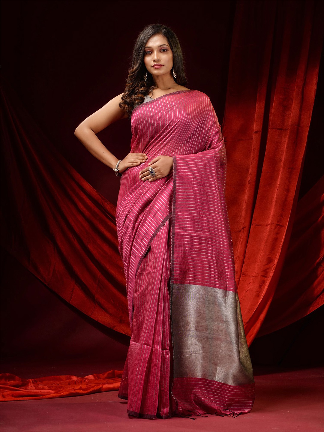 Charukriti Magenta & Grey Striped Zari Silk Cotton Saree