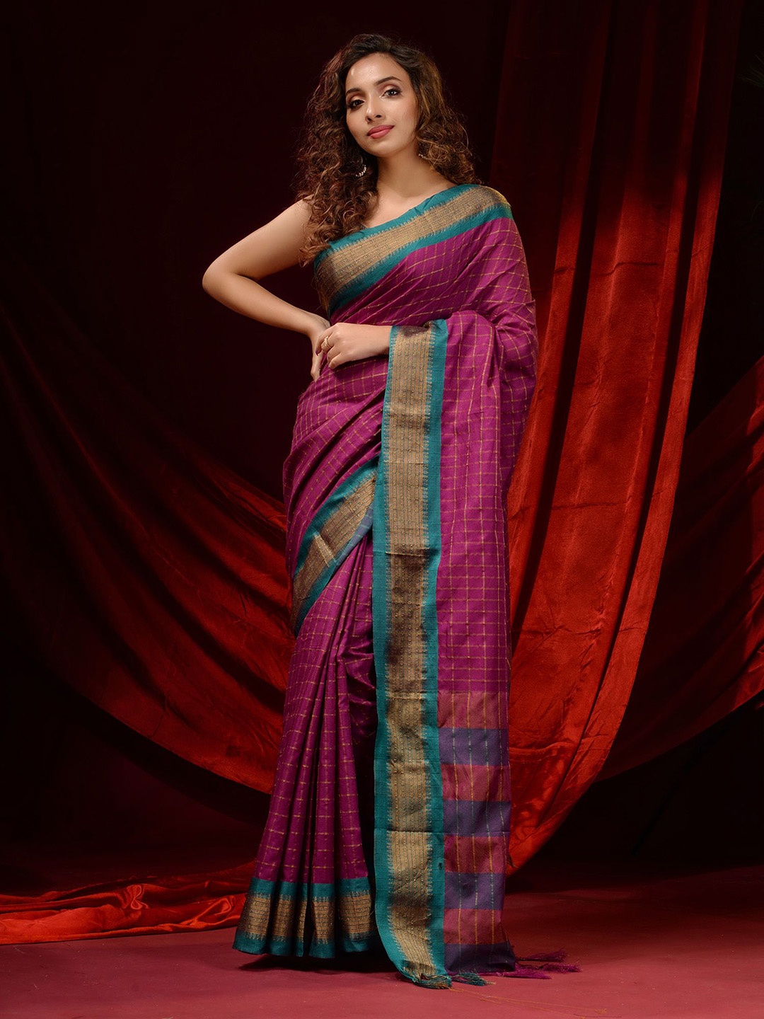 Charukriti Magenta & Green Woven Design Zari Silk Cotton Saree