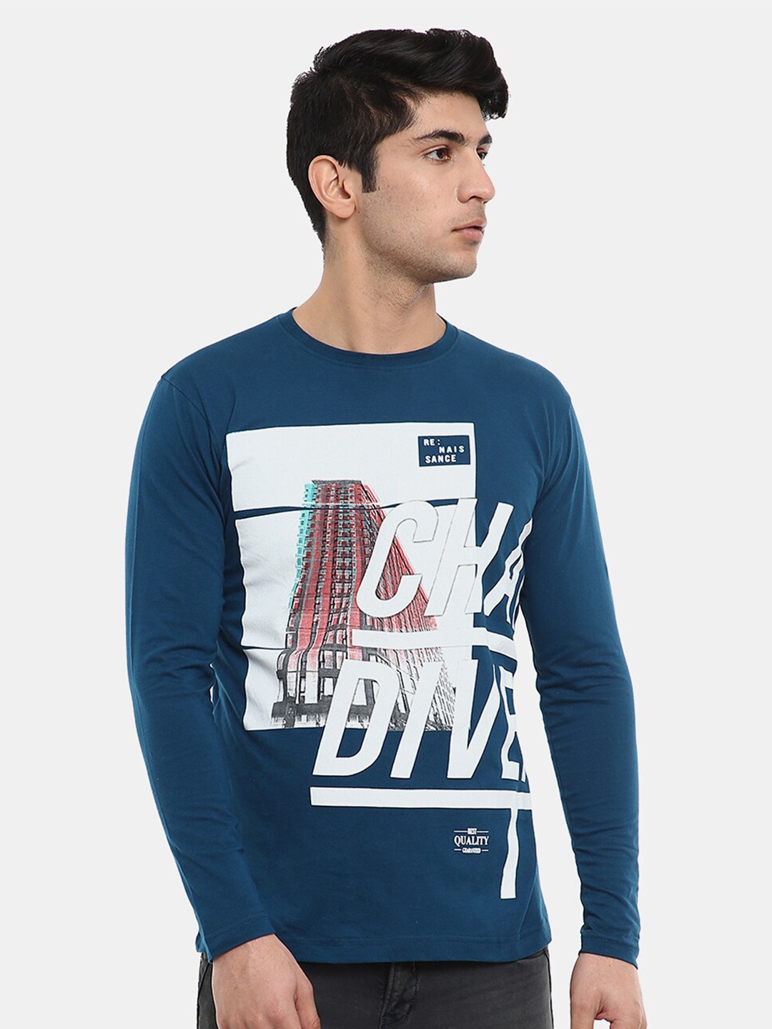

V-Mart Men Teal Printed Cotton T-shirt