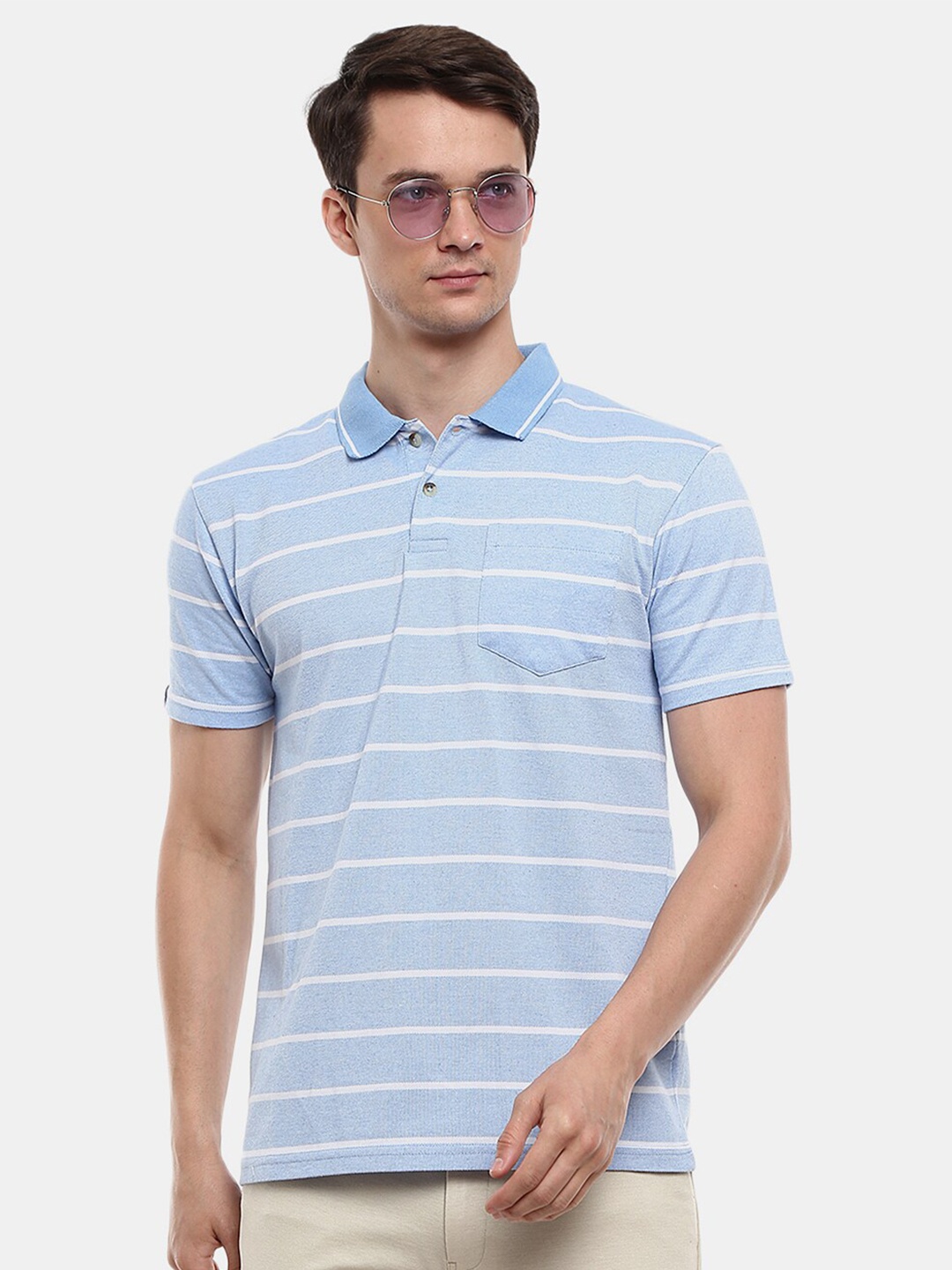 

V-Mart Men Blue Striped Polo Collar T-shirt