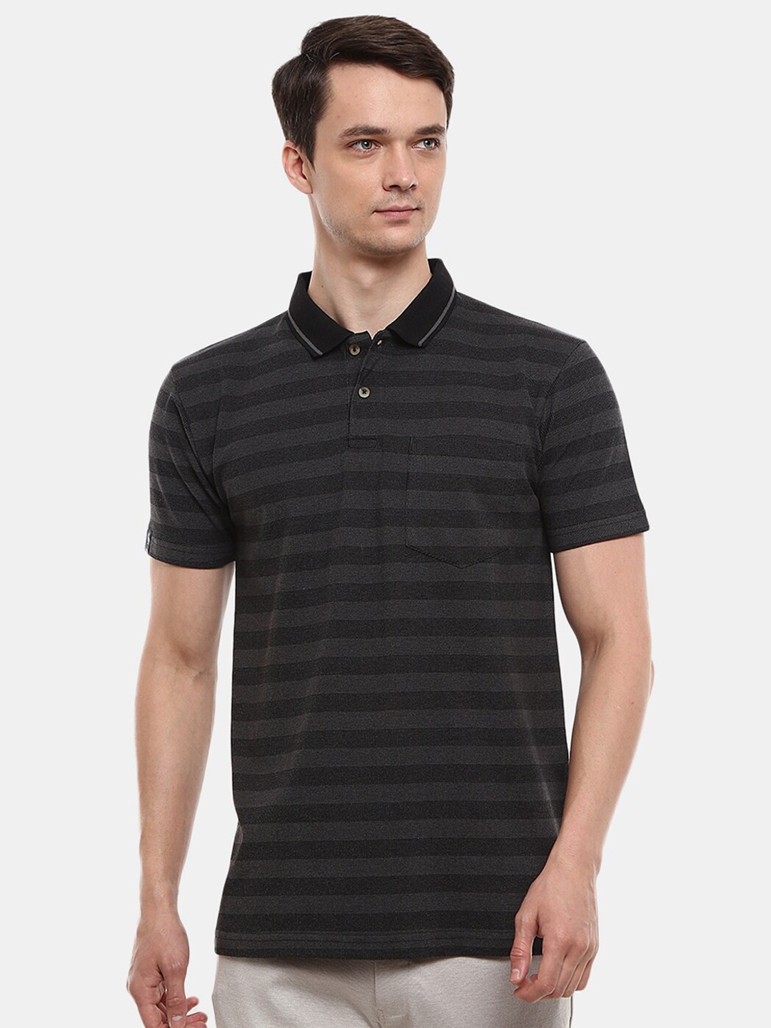 

V-Mart Men Black & Grey Striped Polo Collar T-shirt