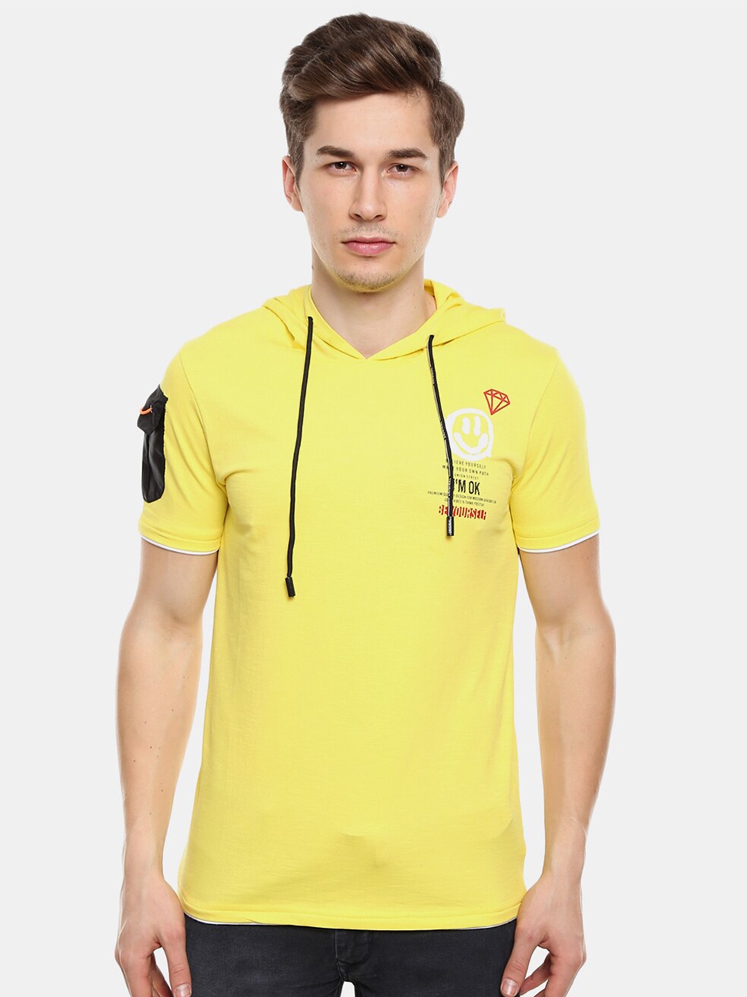 

V-Mart Men Yellow & White Typography Hooded T-shirt