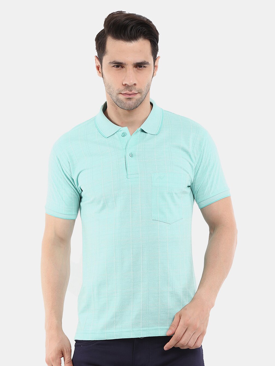 

V-Mart Men Sea Green Checked Cotton Polo Collar T-shirt