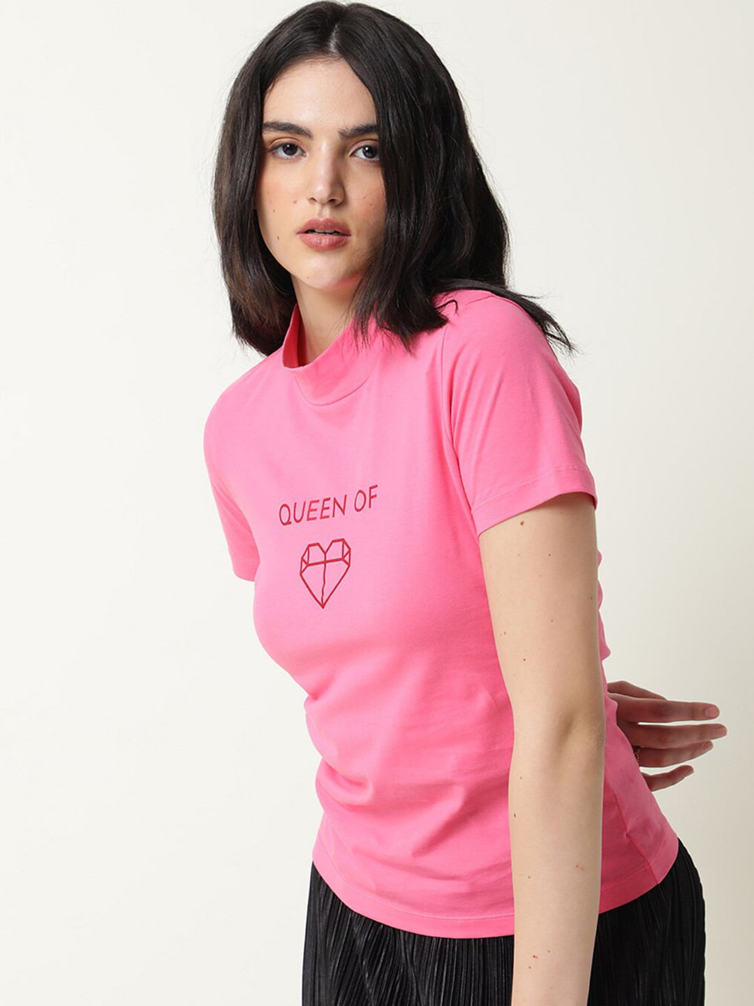 

RAREISM Women Pink Typography Printed High Neck Extended Sleeves Slim Fit Cotton T-shirt