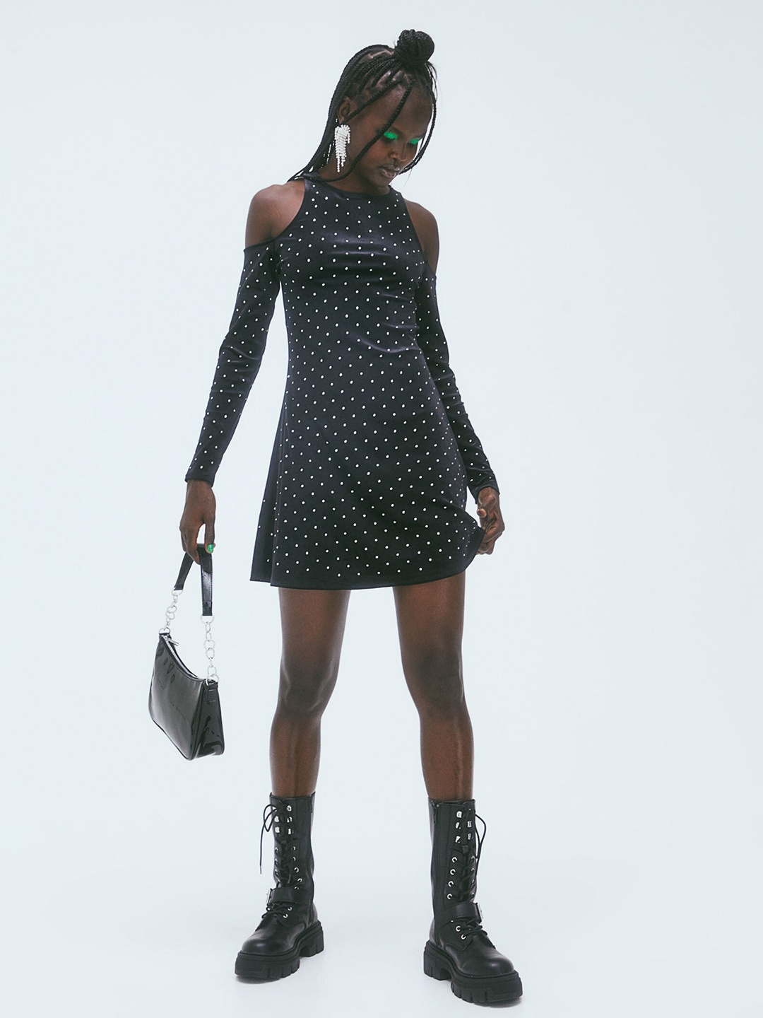 

H&M Women Black Rhinestone-Embellished Cold Shoulder Dress