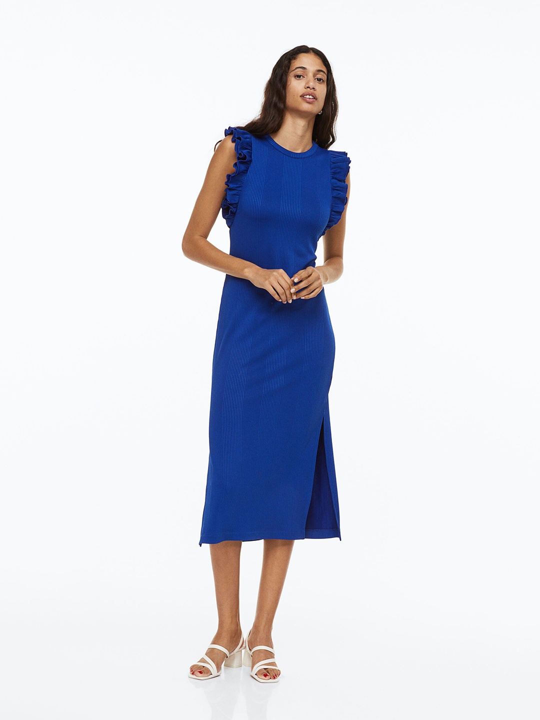 

H&M Blue Flutter-Sleeved Ribbed Dress