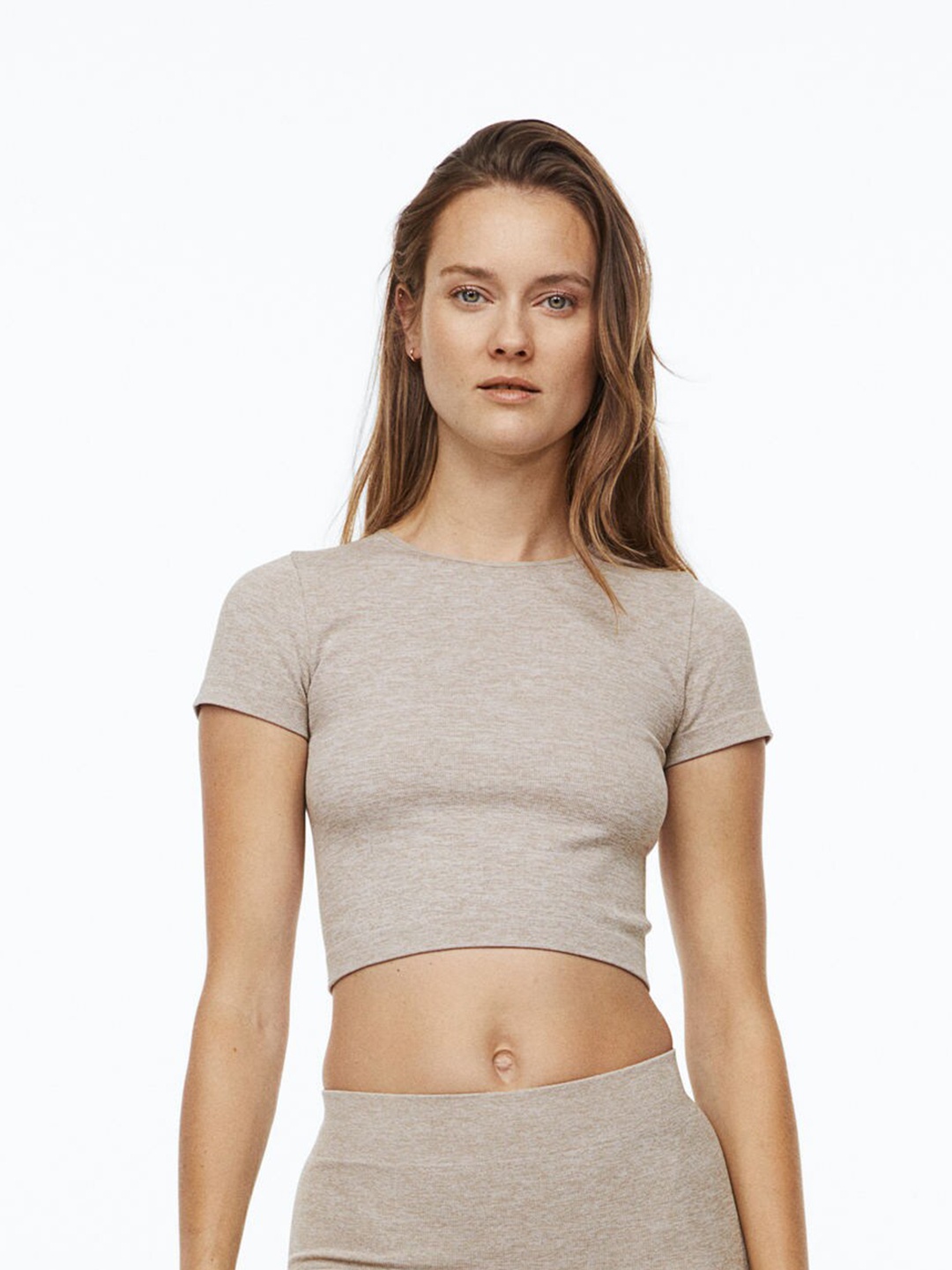 

H&M Women Beige THERMOLITE Ribbed T-Shirt
