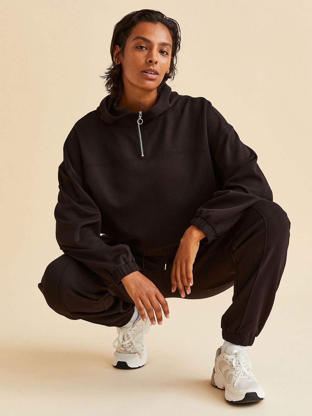 

H&M Women Black Zip-Top Sports Hoodie