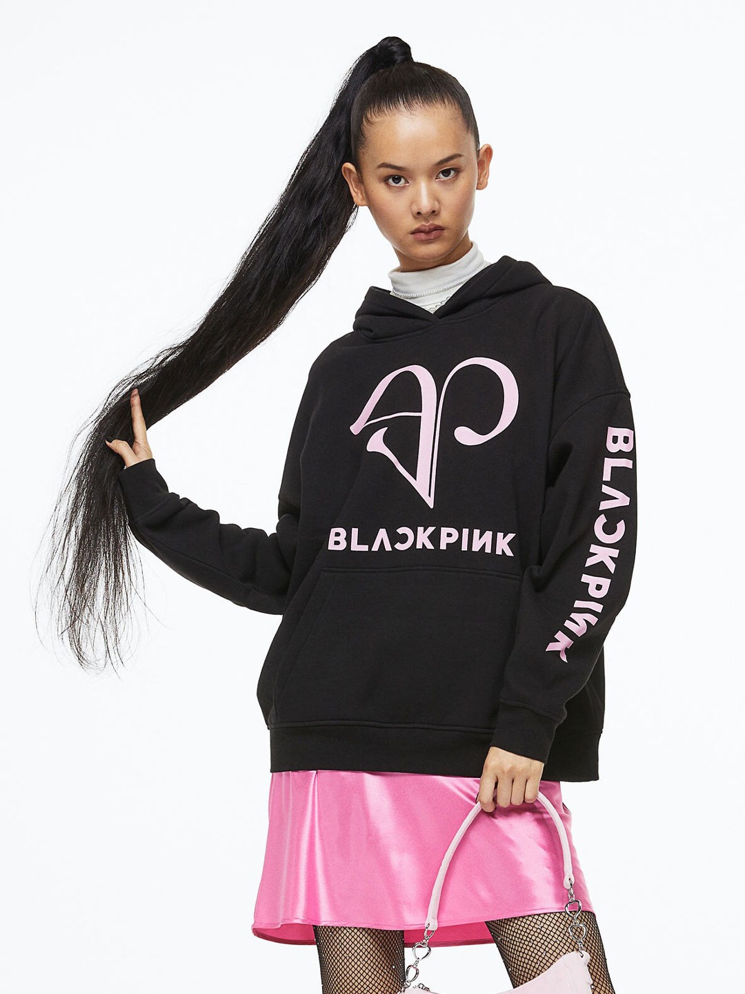 

H&M Women Black Oversized Printed Hoodie