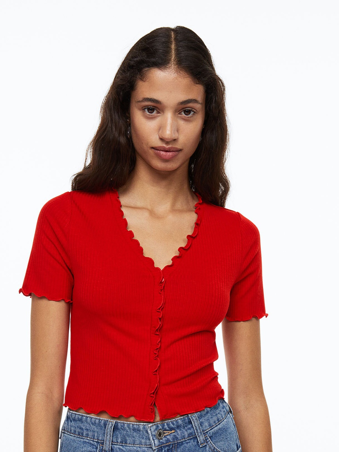 

H&M Women Red Short-Sleeved Jersey Cardigan