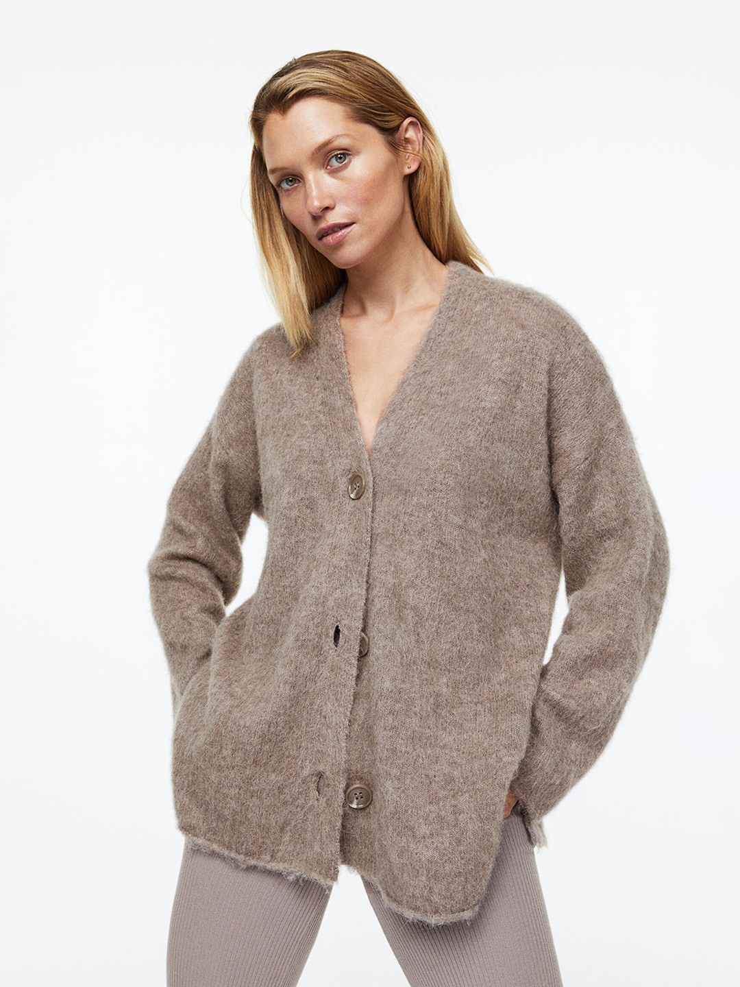 

H&M Women Beige Fine-Knit Wool-Blend Cardigan