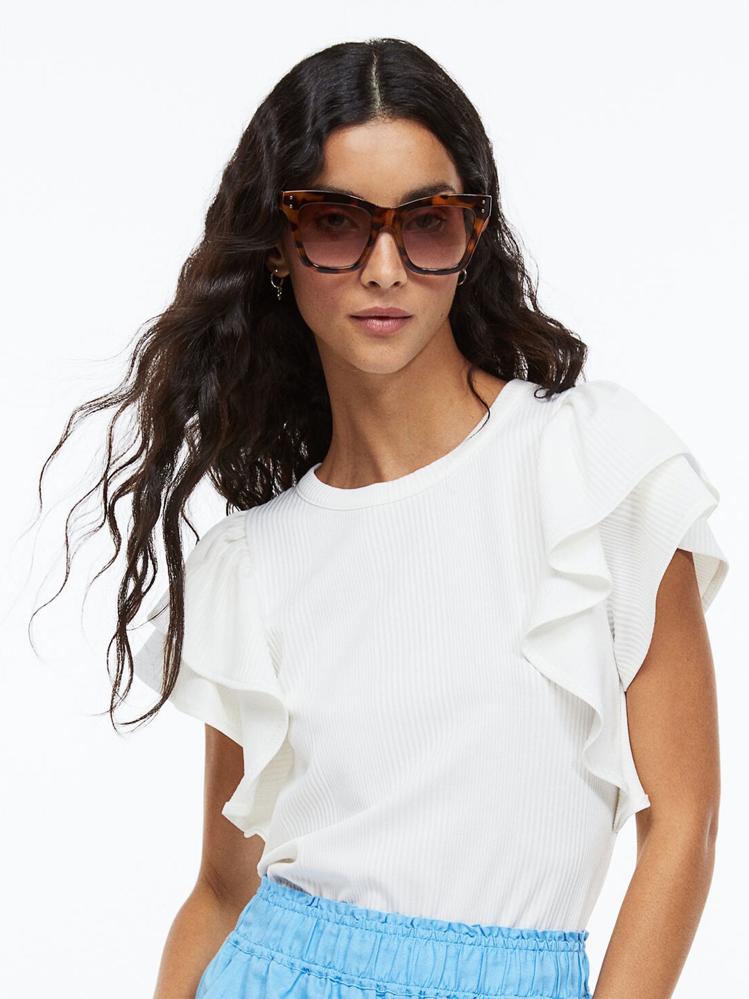 

H&M White Flutter-Sleeved Ribbed Top