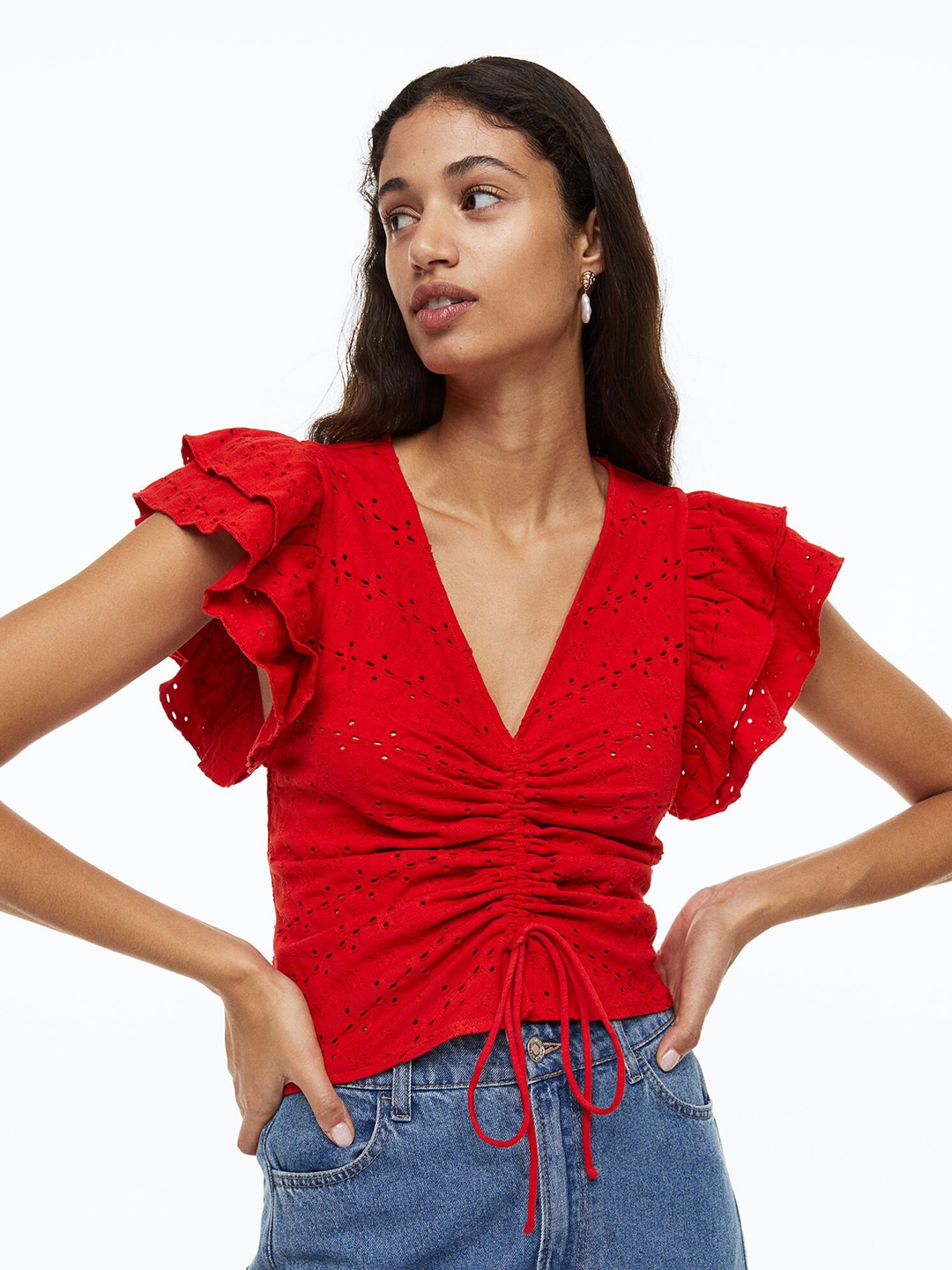 

H&M Red Broderie Anglaise Flutter-Sleeved Top