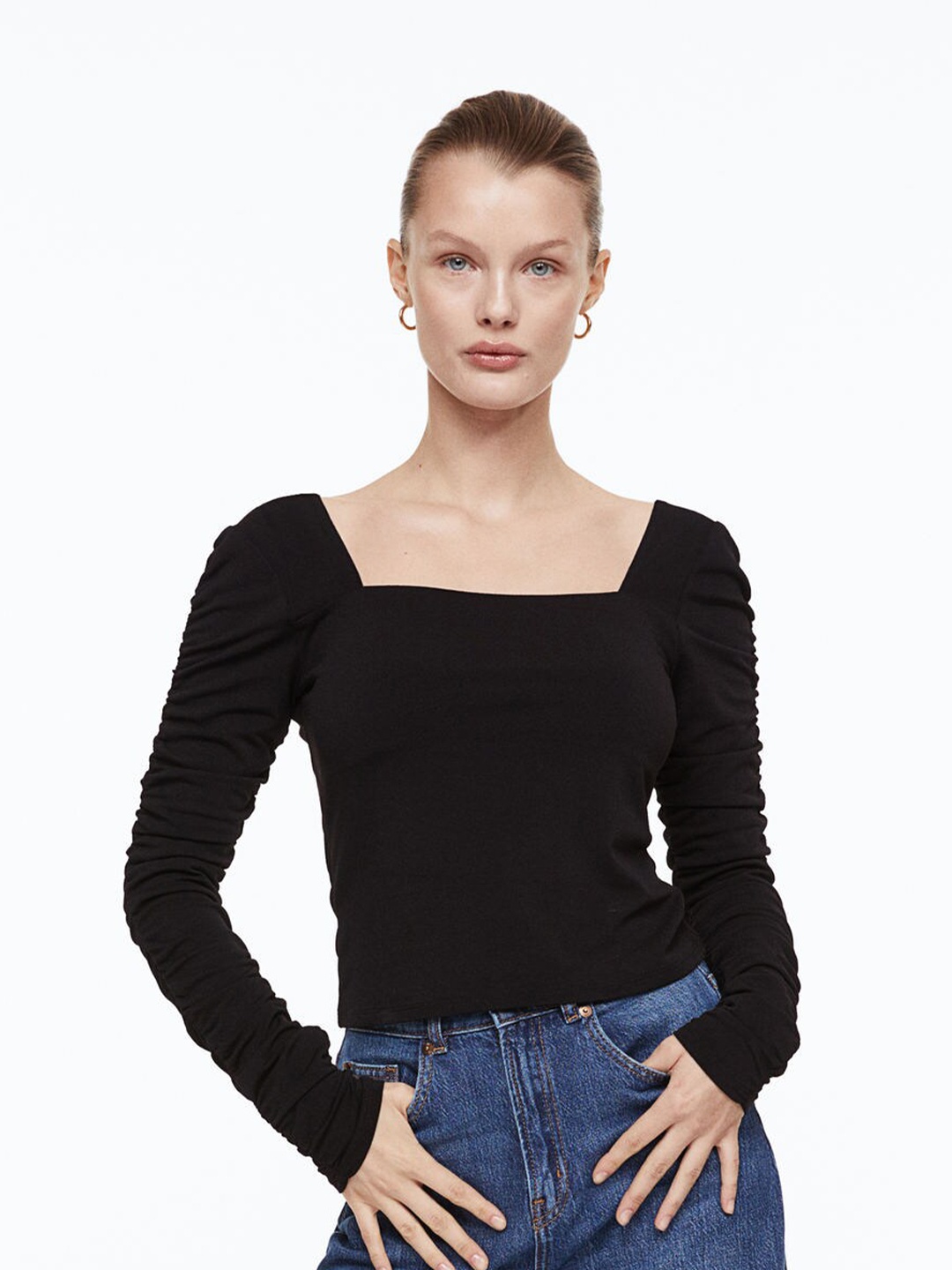 

H&M Black Gathered-Sleeve Jersey Top