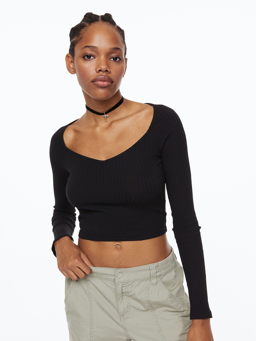 

H&M Women Black Rib-Knit Top