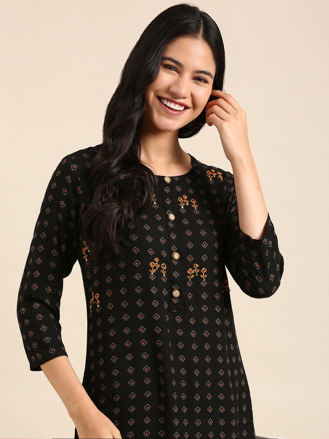 

SHOWOFF Black Printed Thread Work Kurta with Palazzo