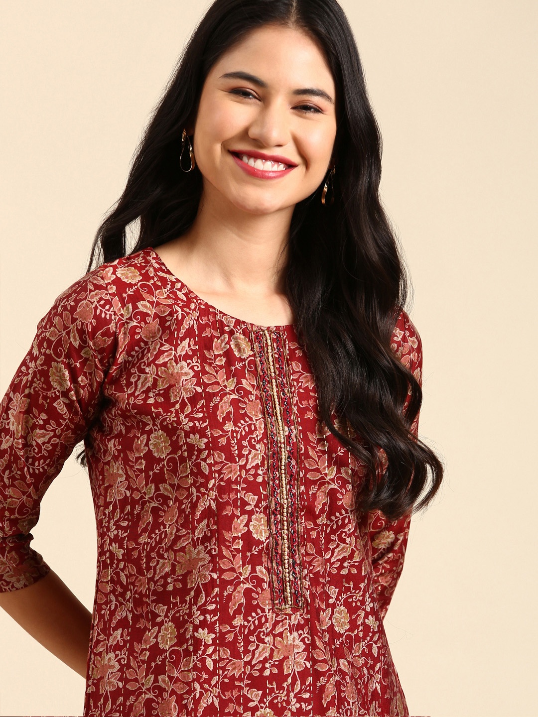 

SHOWOFF Women Maroon Floral Embroidered Beads and Stones Chanderi Silk Kurta with Trousers