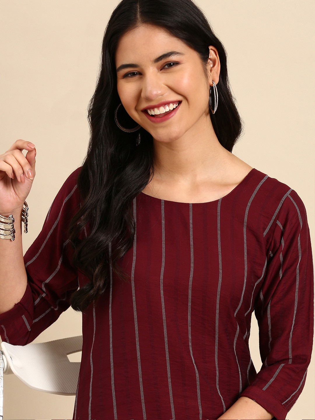 

SHOWOFF Women Burgundy Striped Kurta with Trousers