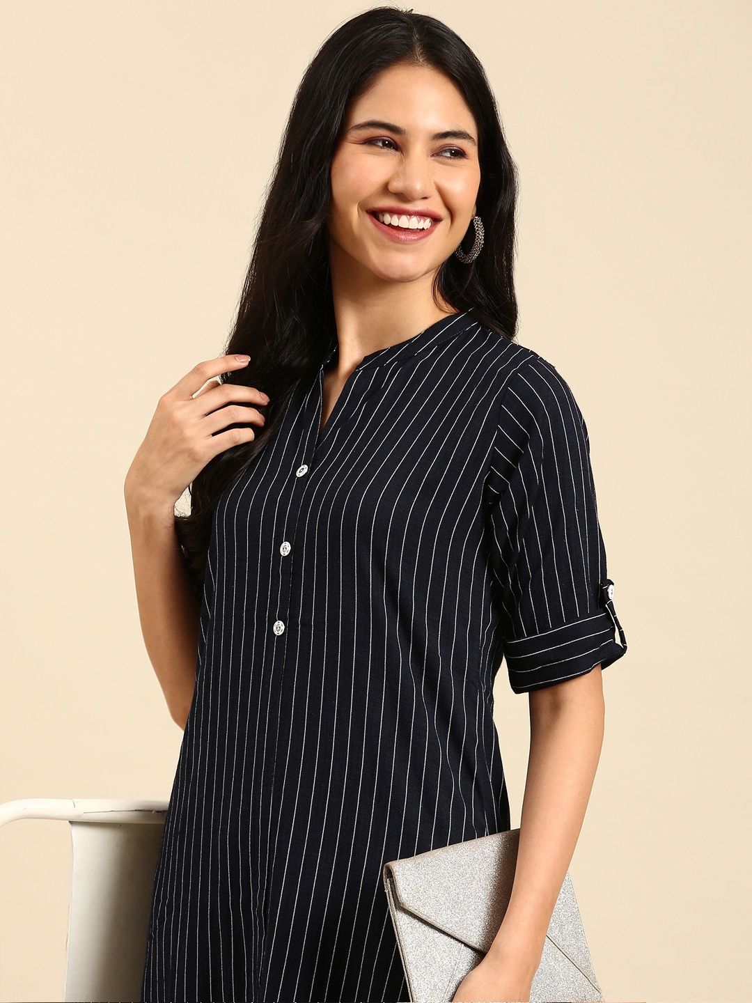 

SHOWOFF Women Navy Blue Striped Kurta with Trousers