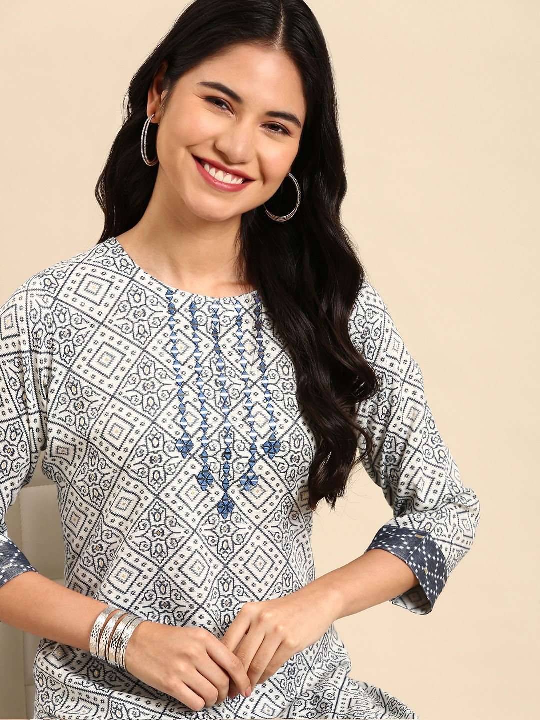 

SHOWOFF Women Off White Ethnic Motifs Printed Mirror Work Kurta with Trousers
