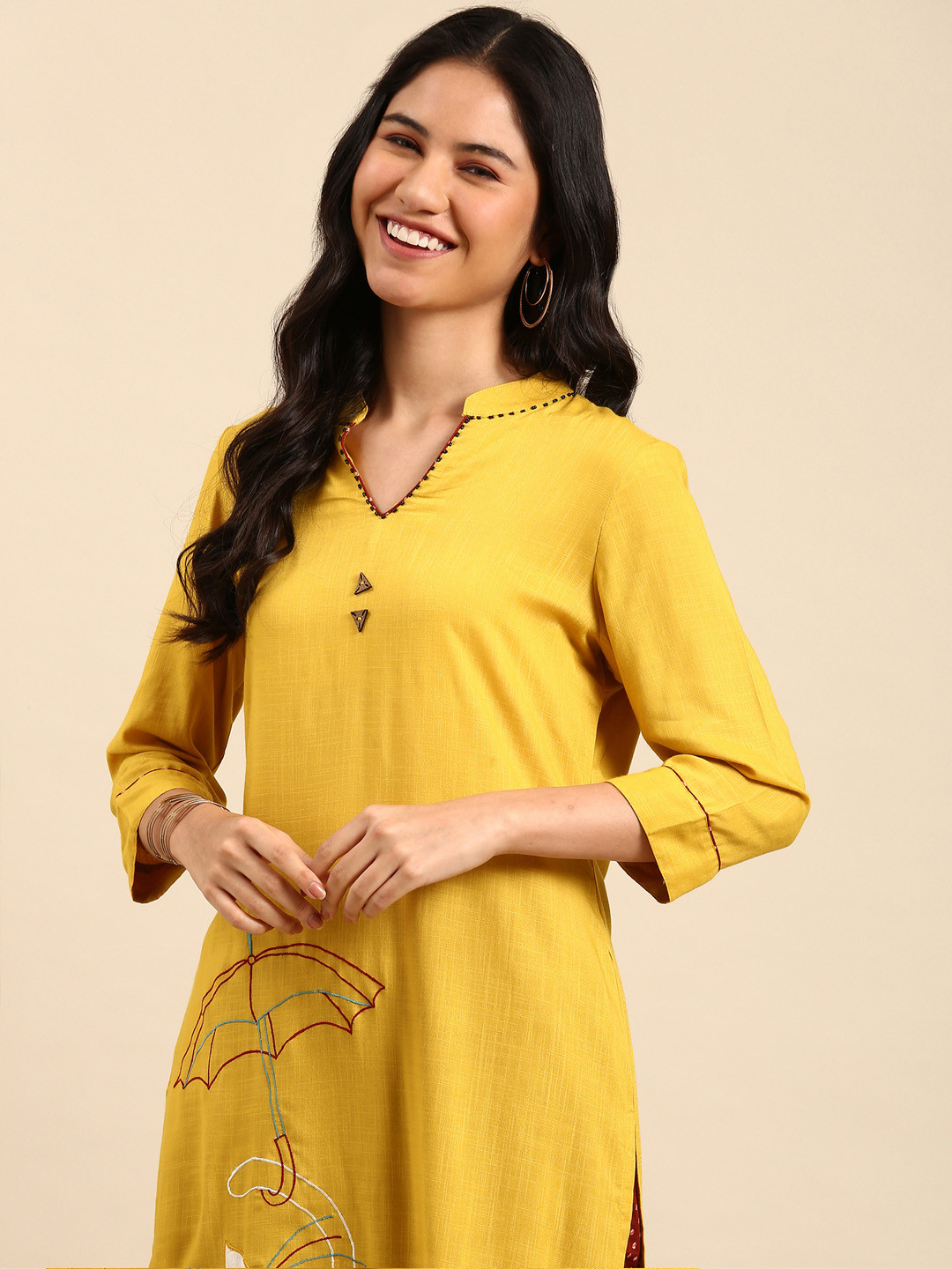 

SHOWOFF Women Yellow Embroidered Empire Kurta With Trousers