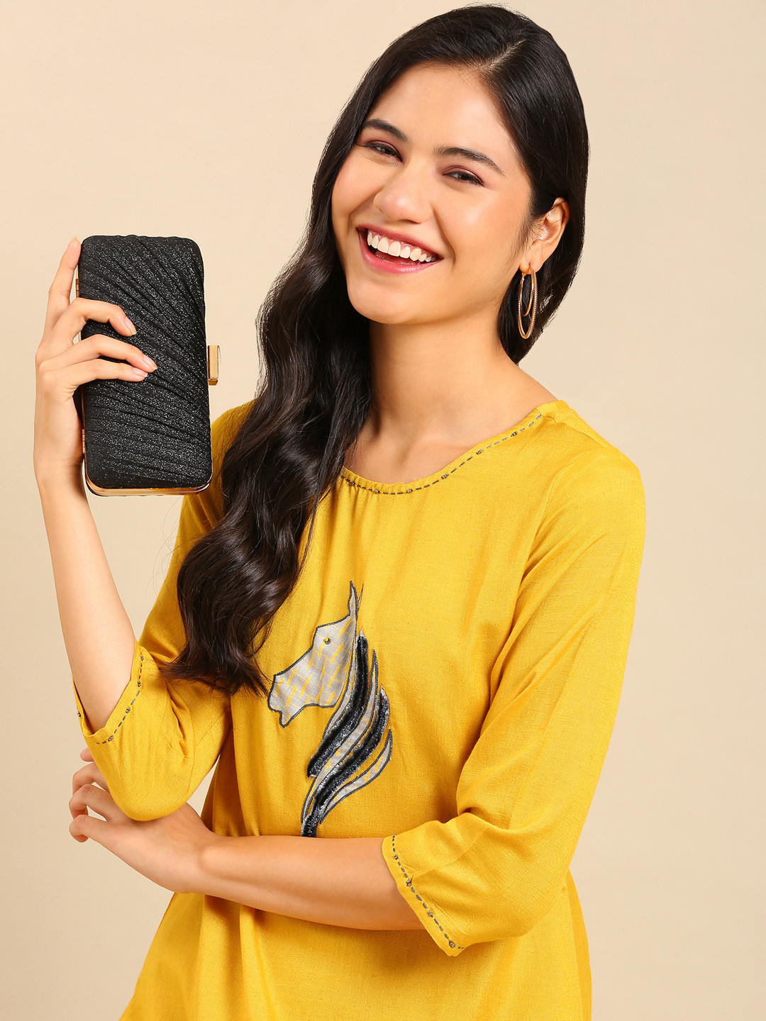 

SHOWOFF Women Mustard Yellow Embroidered Kurta With Trousers