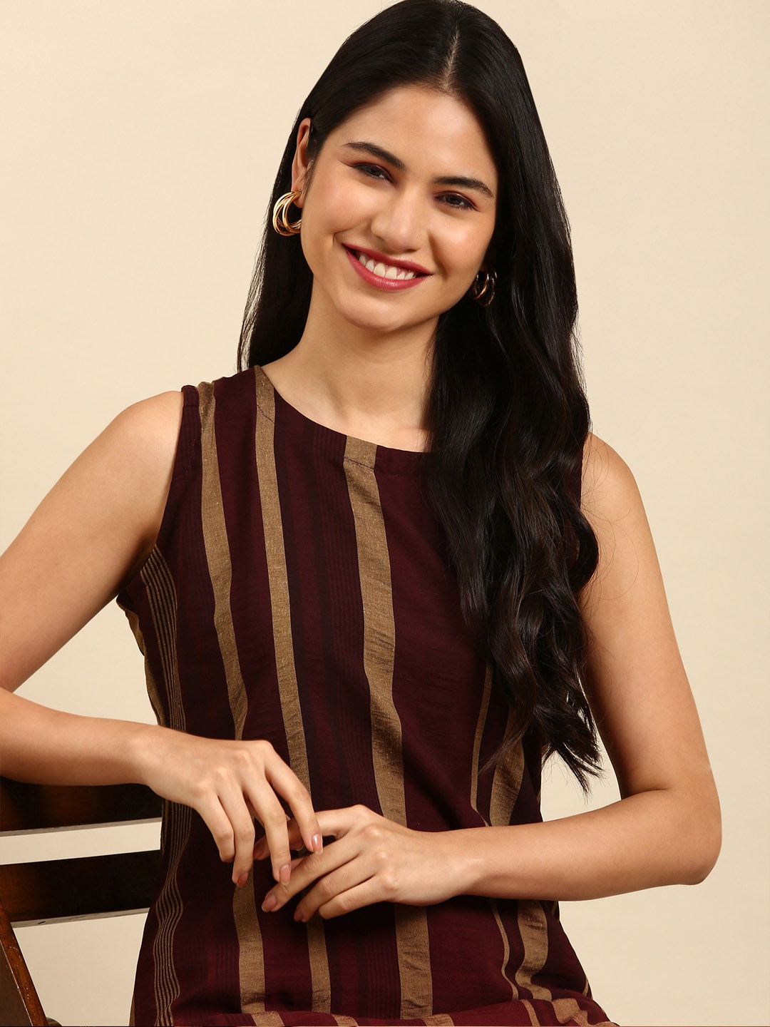 

SHOWOFF Women Coffee Brown Striped Silk Georgette Kurta With Trousers