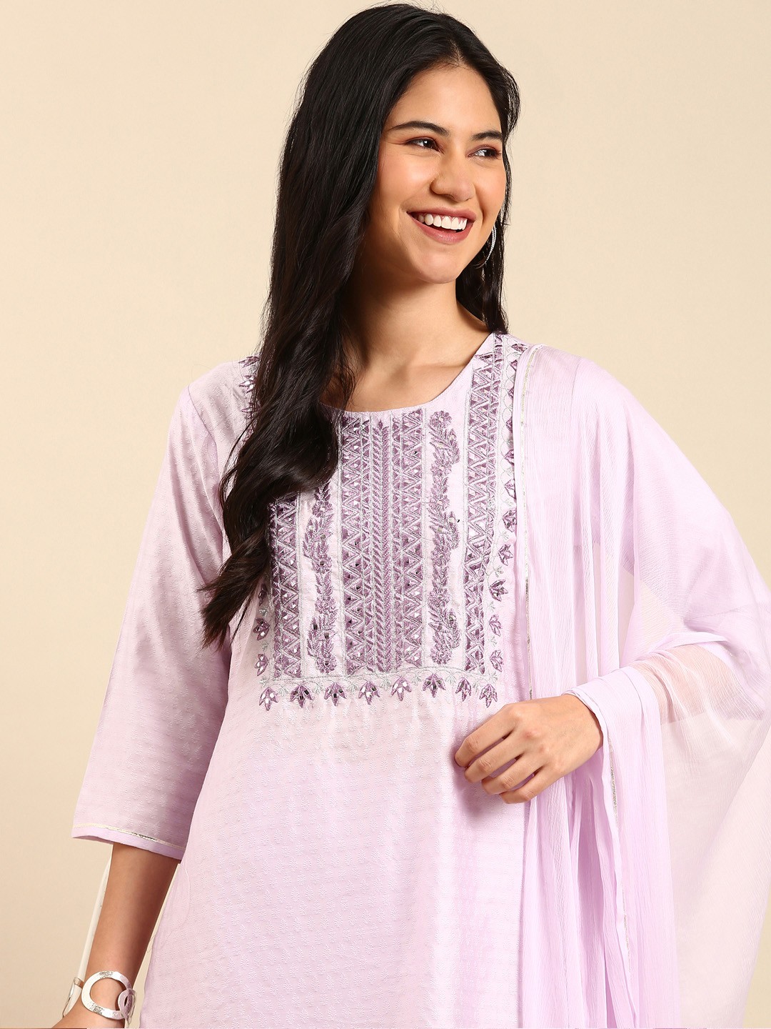 

SHOWOFF Women Lavender Floral Embroidered Mirror Work Kurta with Trousers & With Dupatta