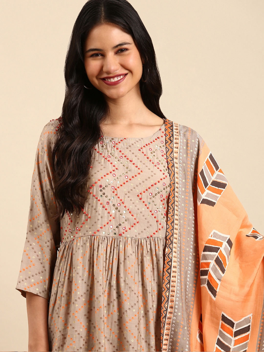 

SHOWOFF Women Beige Bandhani Printed Empire Mirror Work Kurta with Trousers & With Dupatta