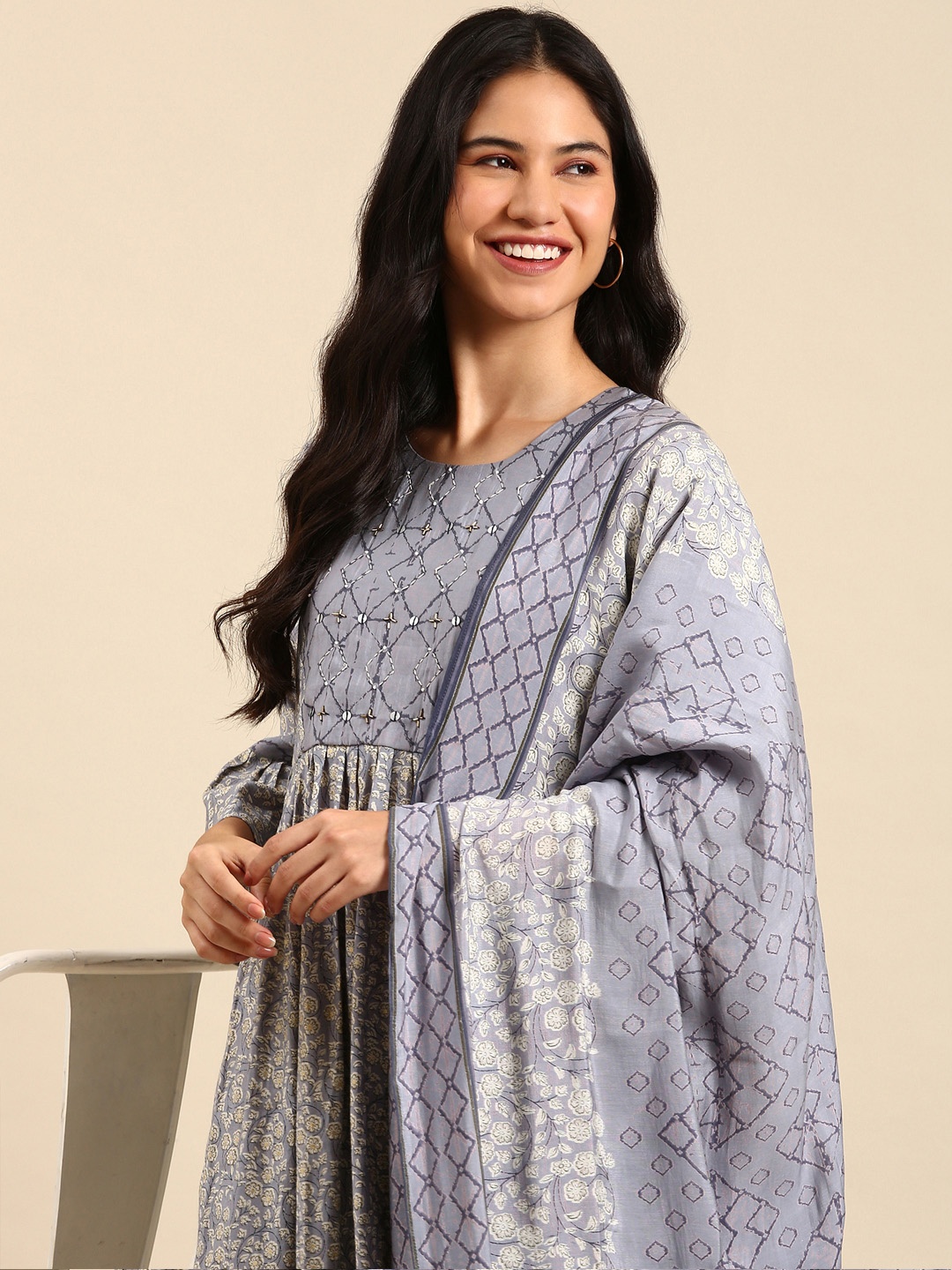

SHOWOFF Women Blue Floral Printed Empire Chanderi Silk Kurta with Trousers & With Dupatta