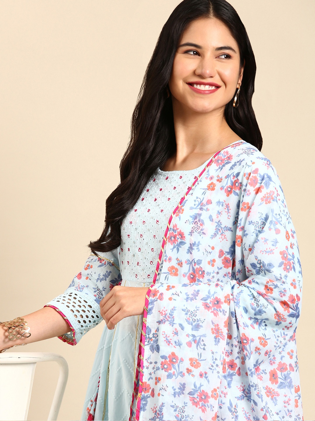 

SHOWOFF Women Blue Floral Printed Empire Gotta Patti Kurta with Trousers & Dupatta