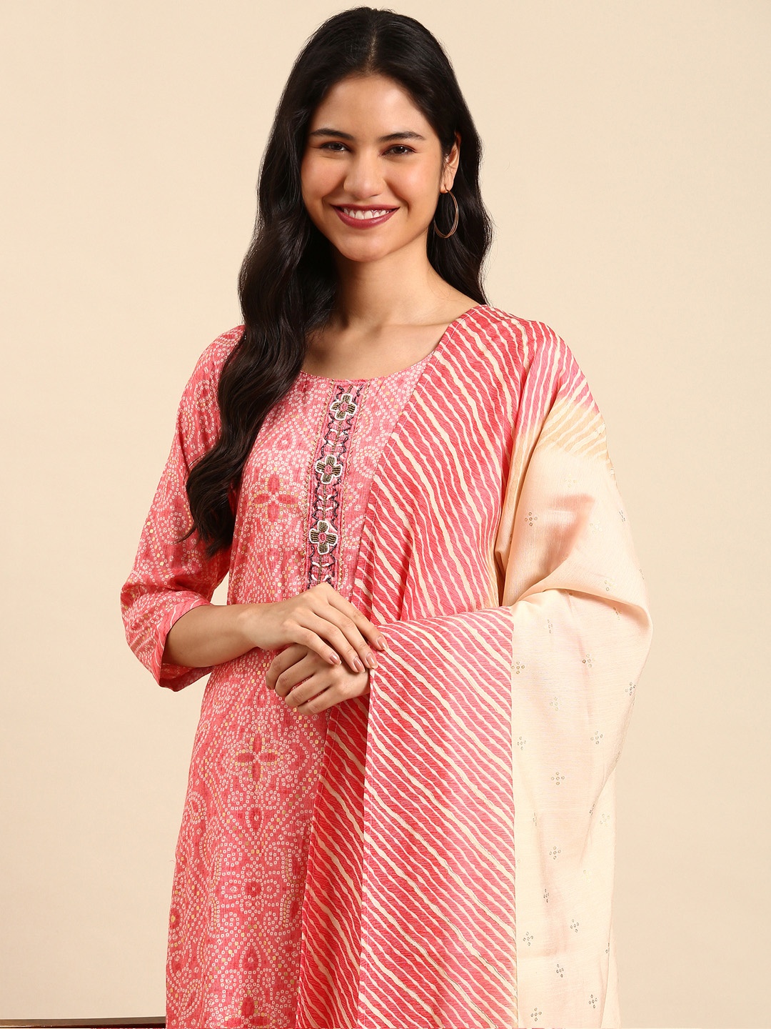 

SHOWOFF Women Coral Bandhani Printed Beads and Stones Kurta with Trousers & Dupatta