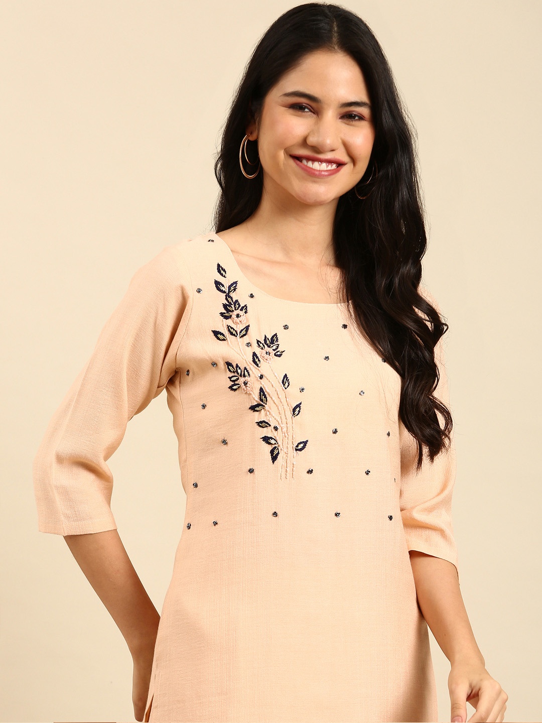 

SHOWOFF Women Peach-Coloured Embroidered Beads and Stones Kurta with Trousers