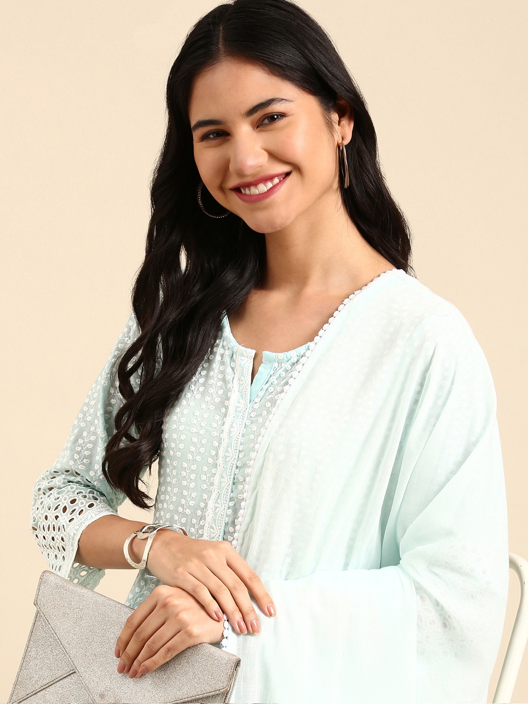 

SHOWOFF Women Blue Empire Thread Work Kurta with Trousers & Dupatta
