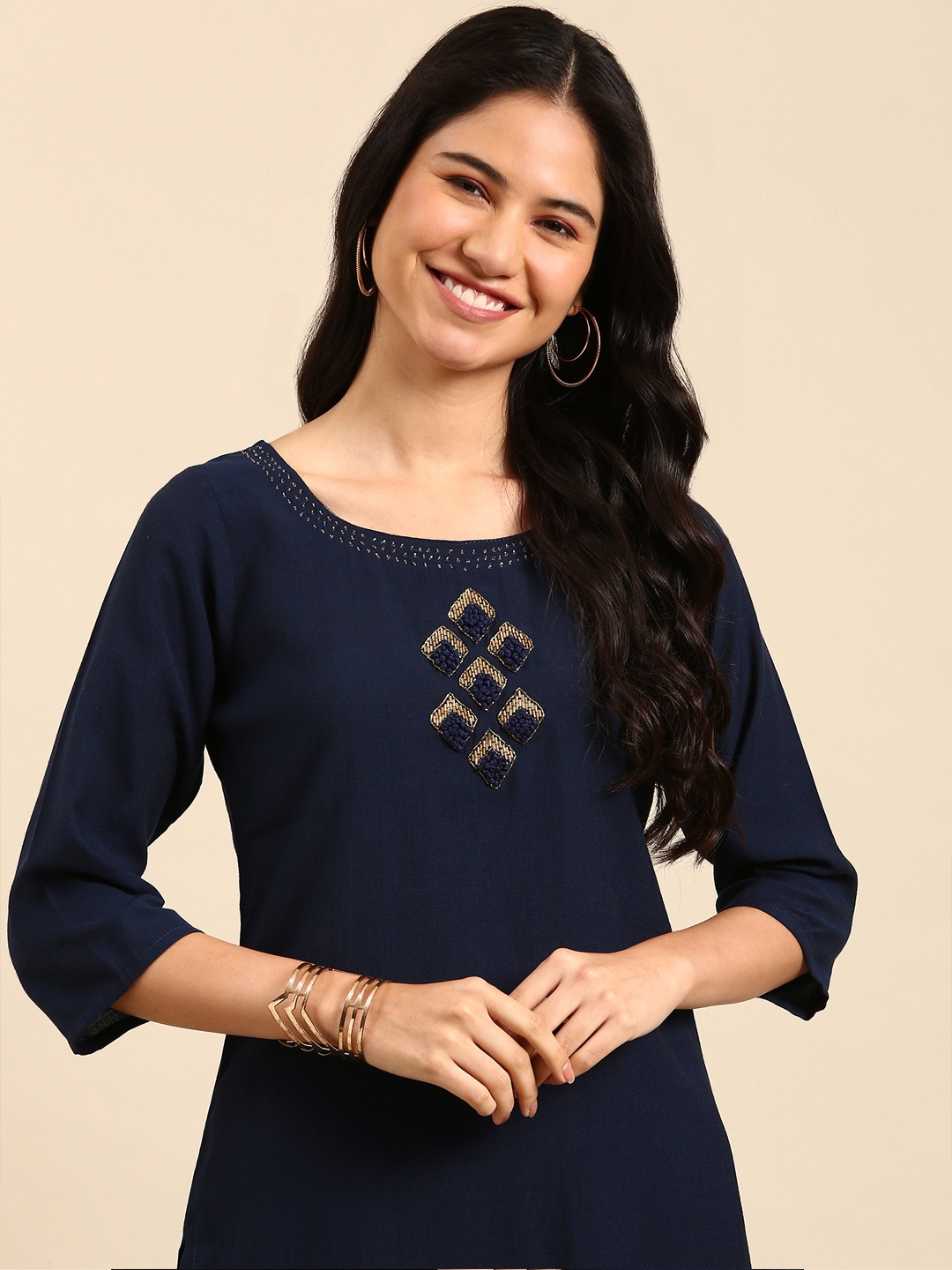 

SHOWOFF Women Navy Blue Embroidered Beads and Stones Raw Silk Kurta with Trousers