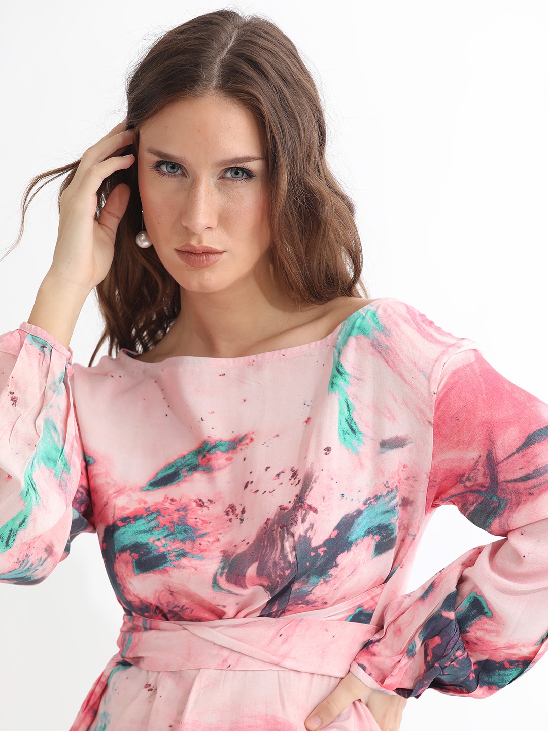 

RAREISM Peach-Coloured & Black Printed Waist Tie-Up Top