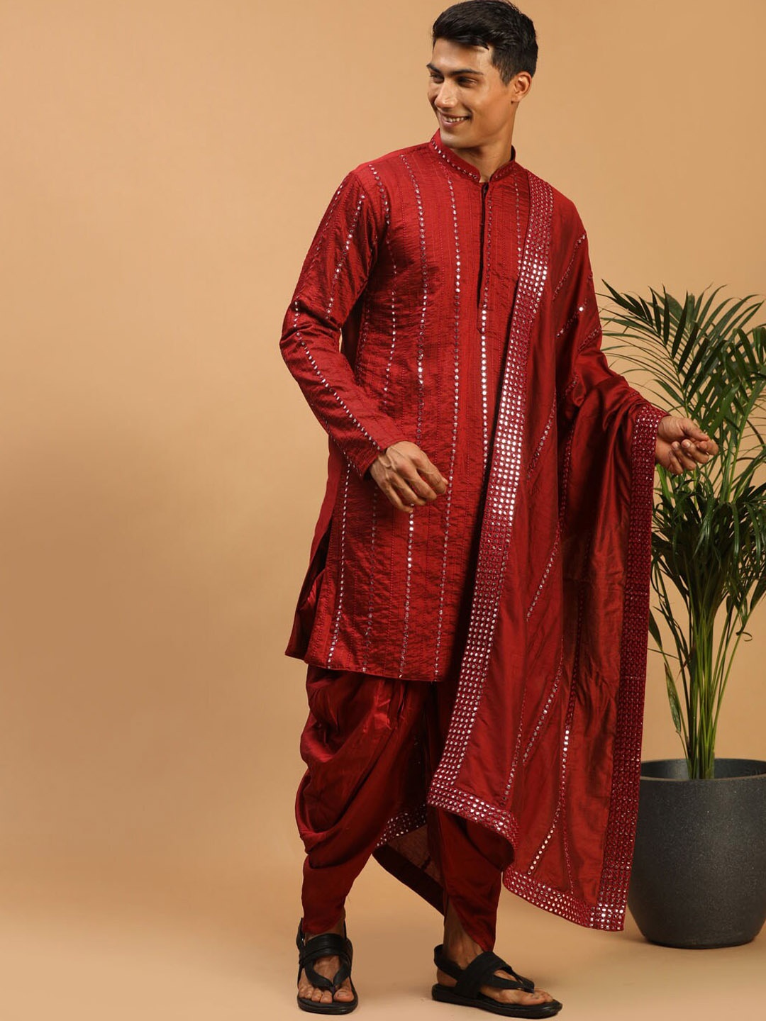 

VASTRAMAY Men Maroon Embroidered Mirror Work Kurta with Dhoti Pants & Dupatta