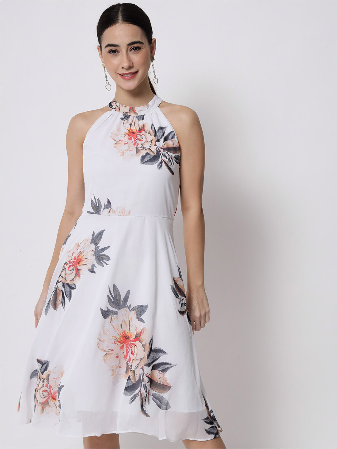 

CHARMGAL White Floral Printed Georgette Midi Dress