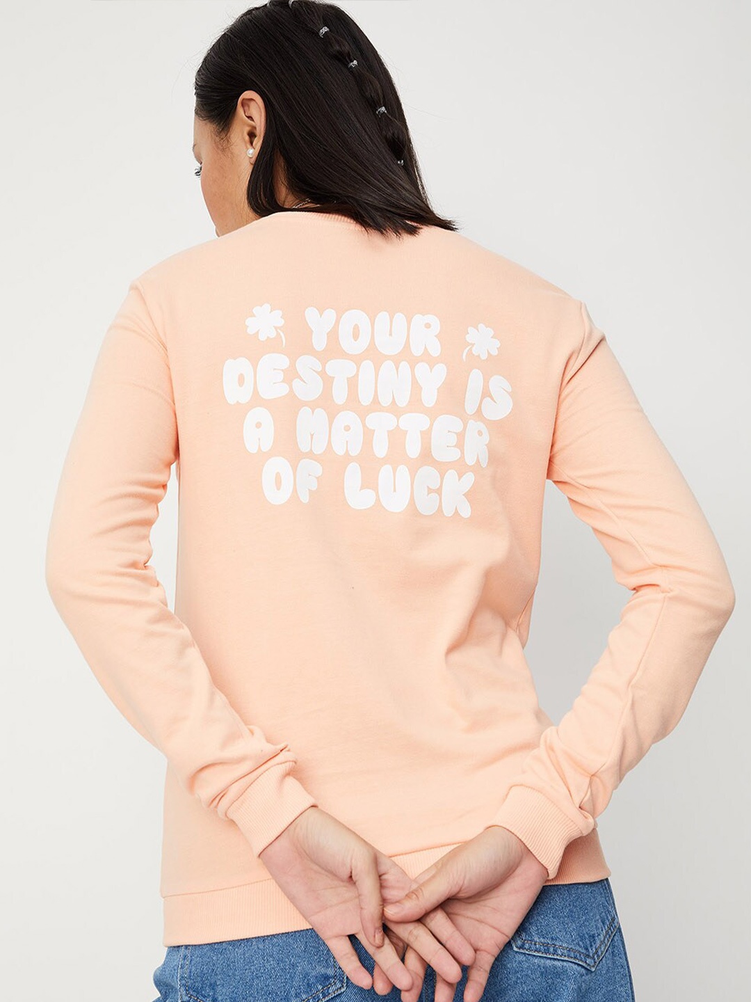 

max Women Peach-Coloured Printed Cotton Sweatshirt