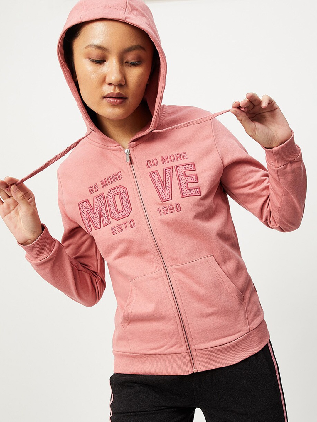 

max Women Pink Printed Cotton Hooded Sweatshirt
