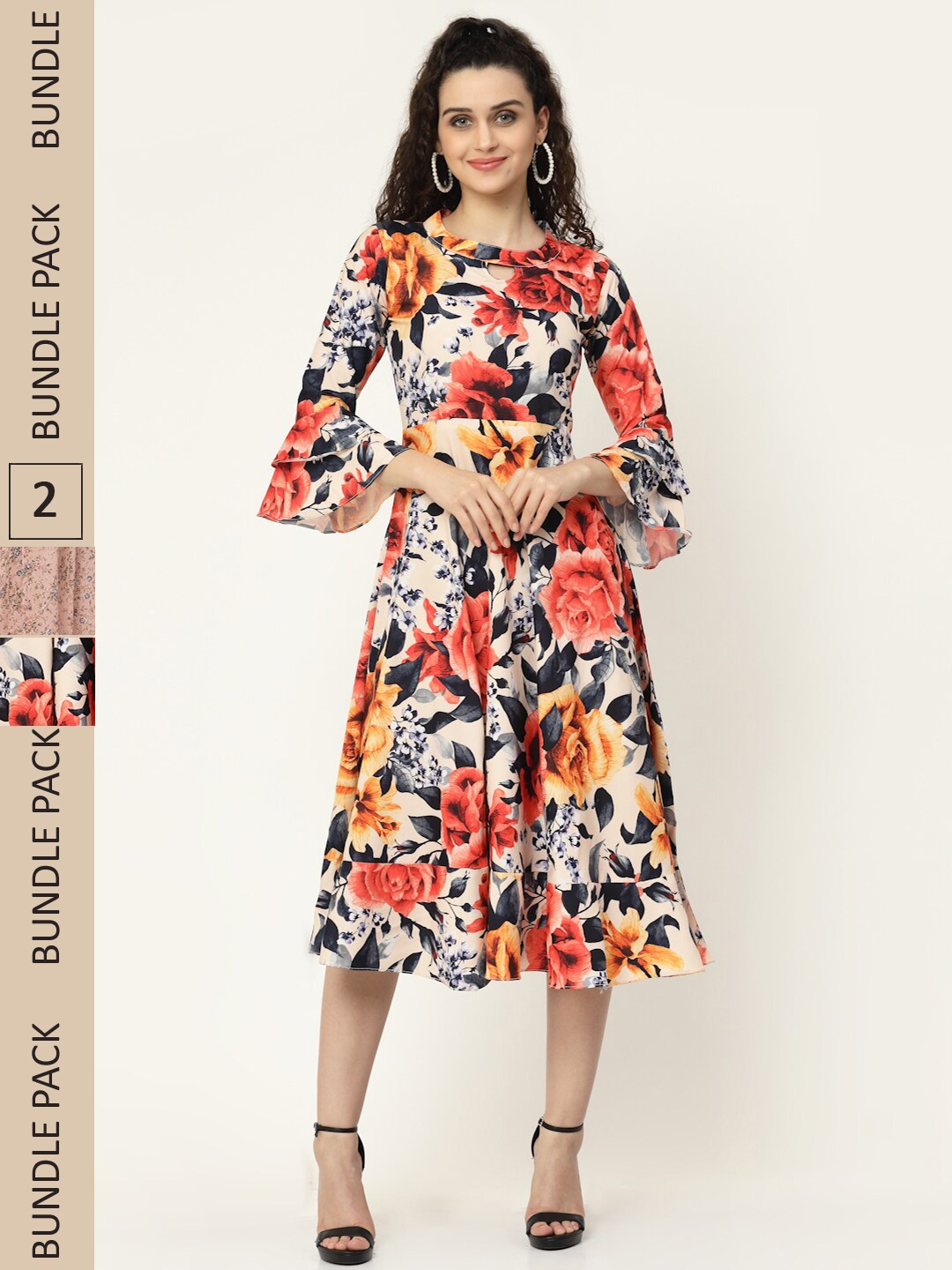 

MISS AYSE Off White & Peach-Coloured Pack of 2 Floral Keyhole Neck Georgette Maxi Dress