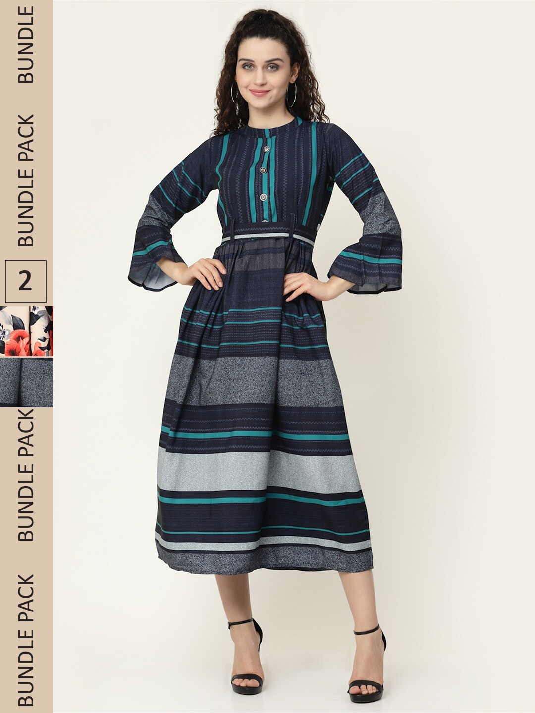 

MISS AYSE Navy Blue & White Pack of 2 Striped Keyhole Neck Crepe Midi Dress