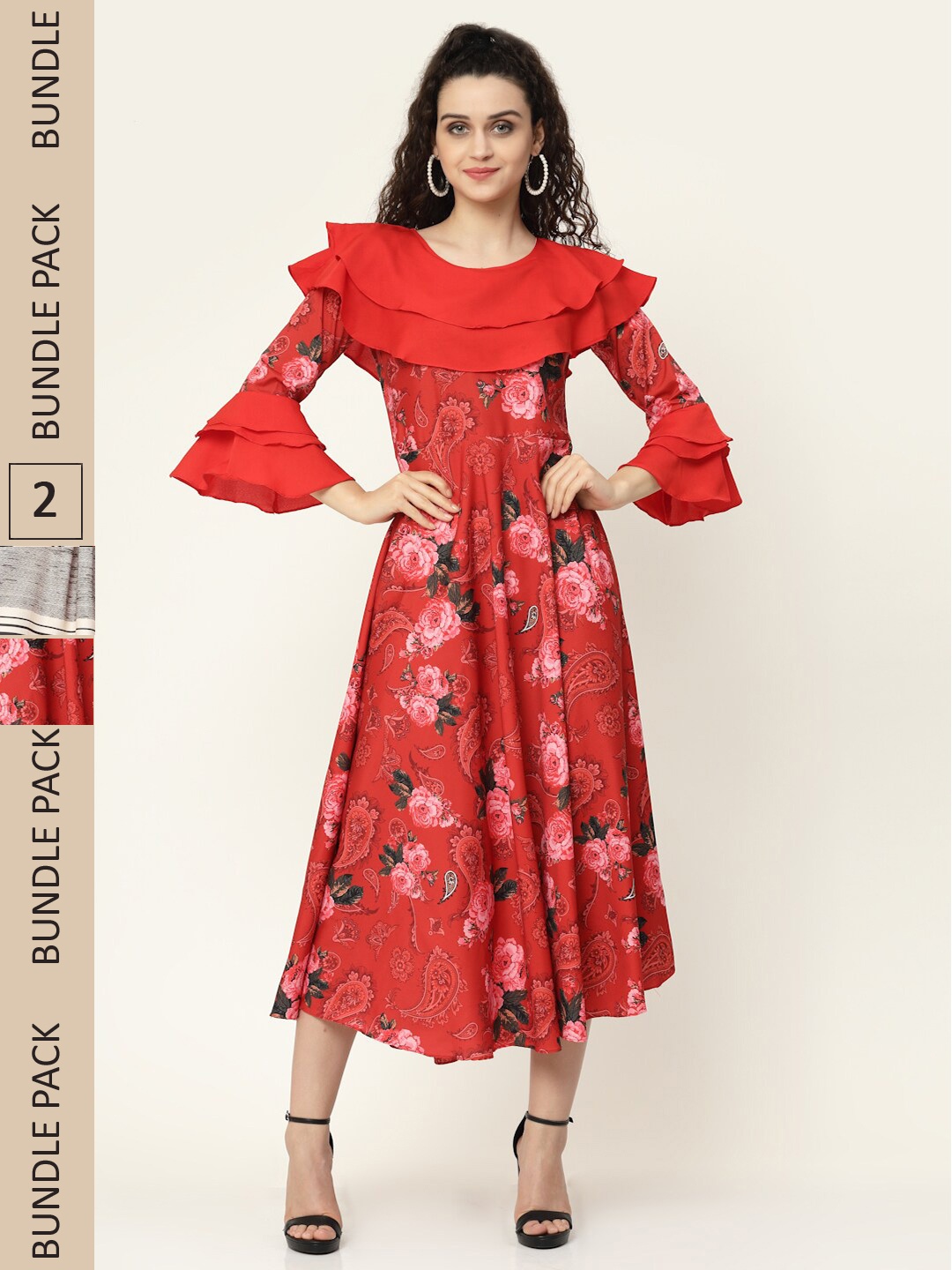 

MISS AYSE Red & Grey Pack Of 2 Floral Crepe Midi Dress