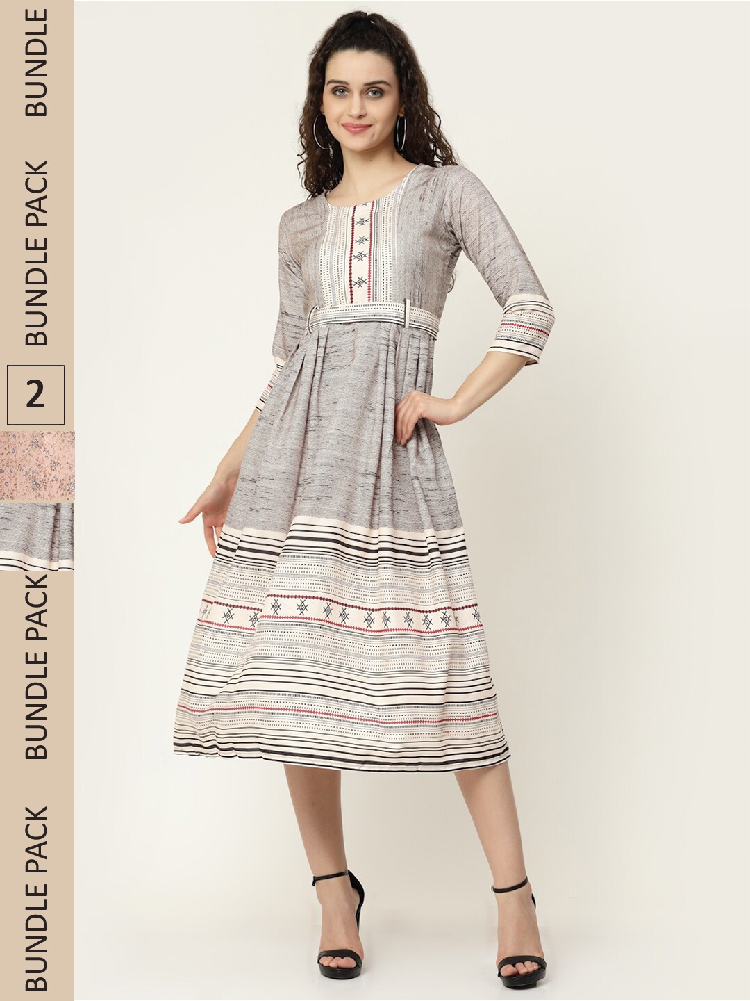 

MISS AYSE Grey & Peach-Coloured Pack Of 2 Floral Tie-Up Neck Georgette Maxi Dress