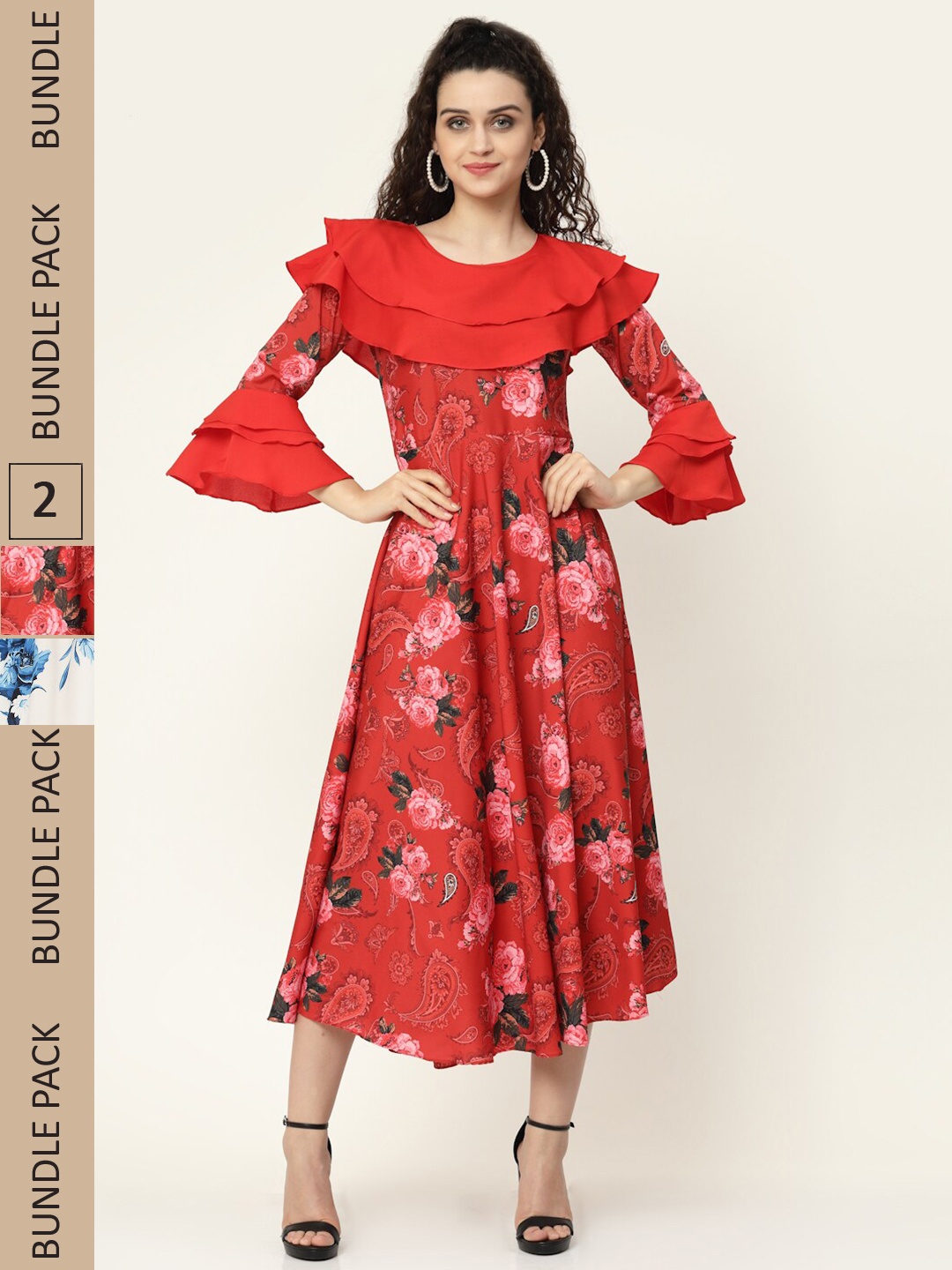 

MISS AYSE Pack of 2 Floral Crepe Midi Dress, Red